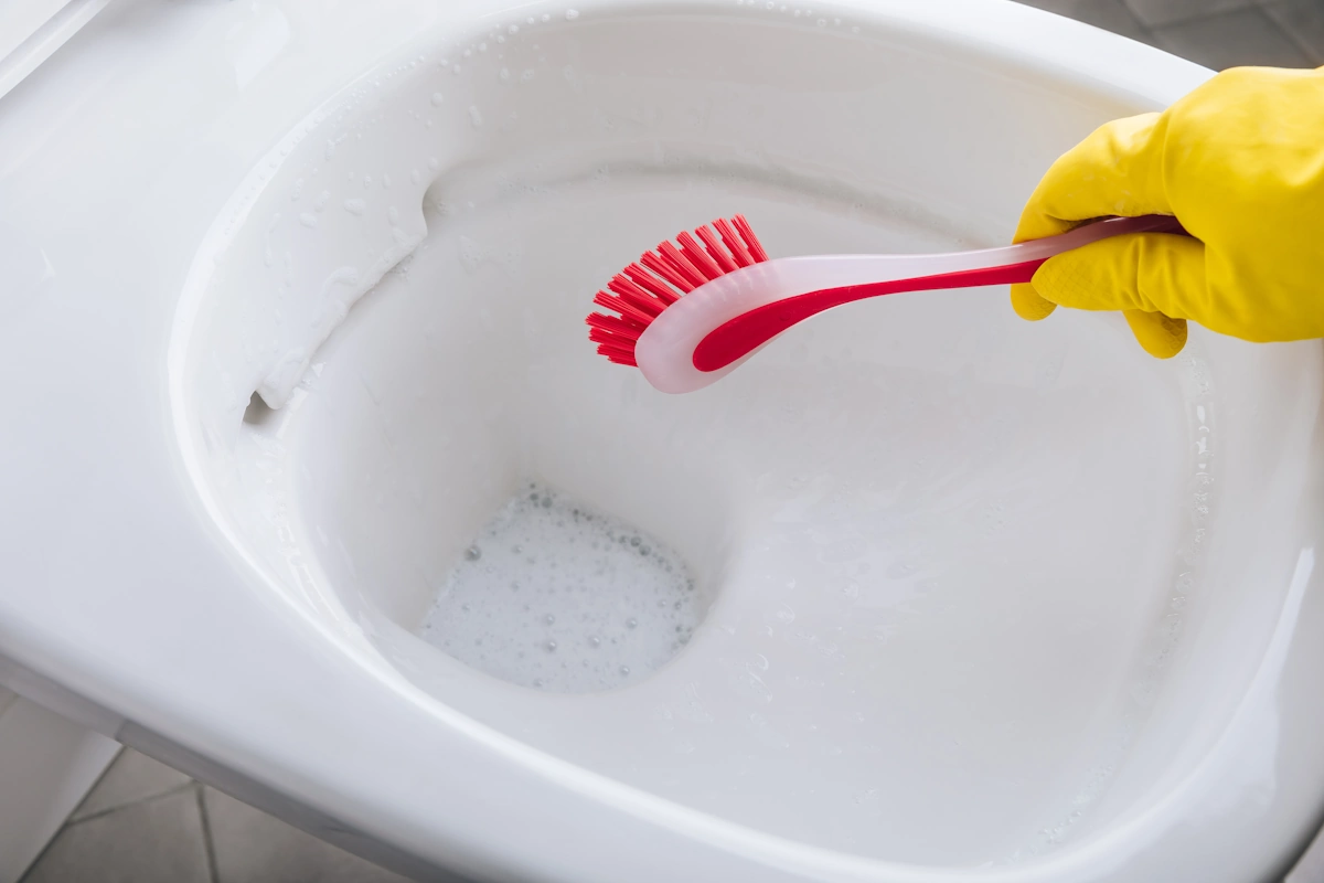 Une personne qui détartre un WC