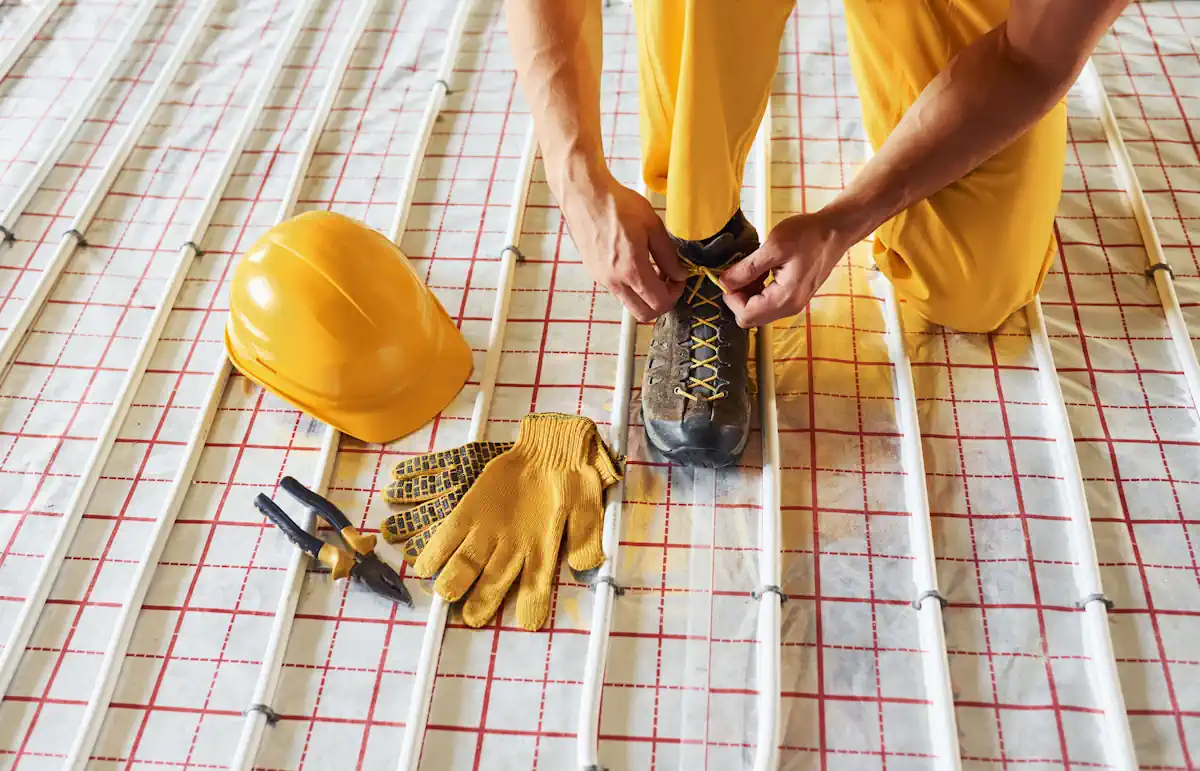 Un homme qui se prépare à réparer une fuite sur plancher chauffant