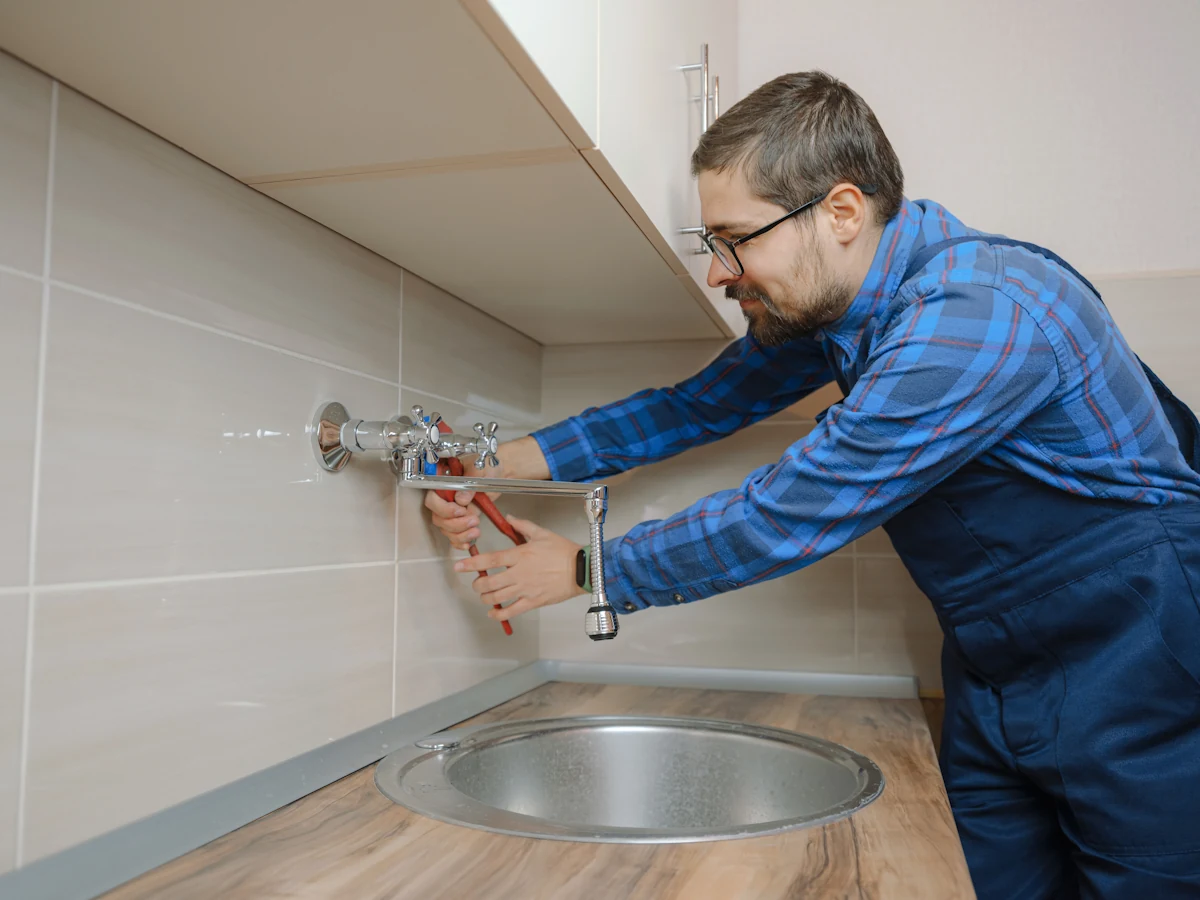 Un homme installe un robinet d'installation d'eau