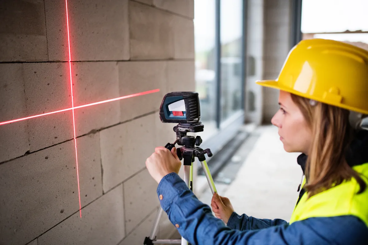 Une femme qui utilise un niveau laser sur un mur