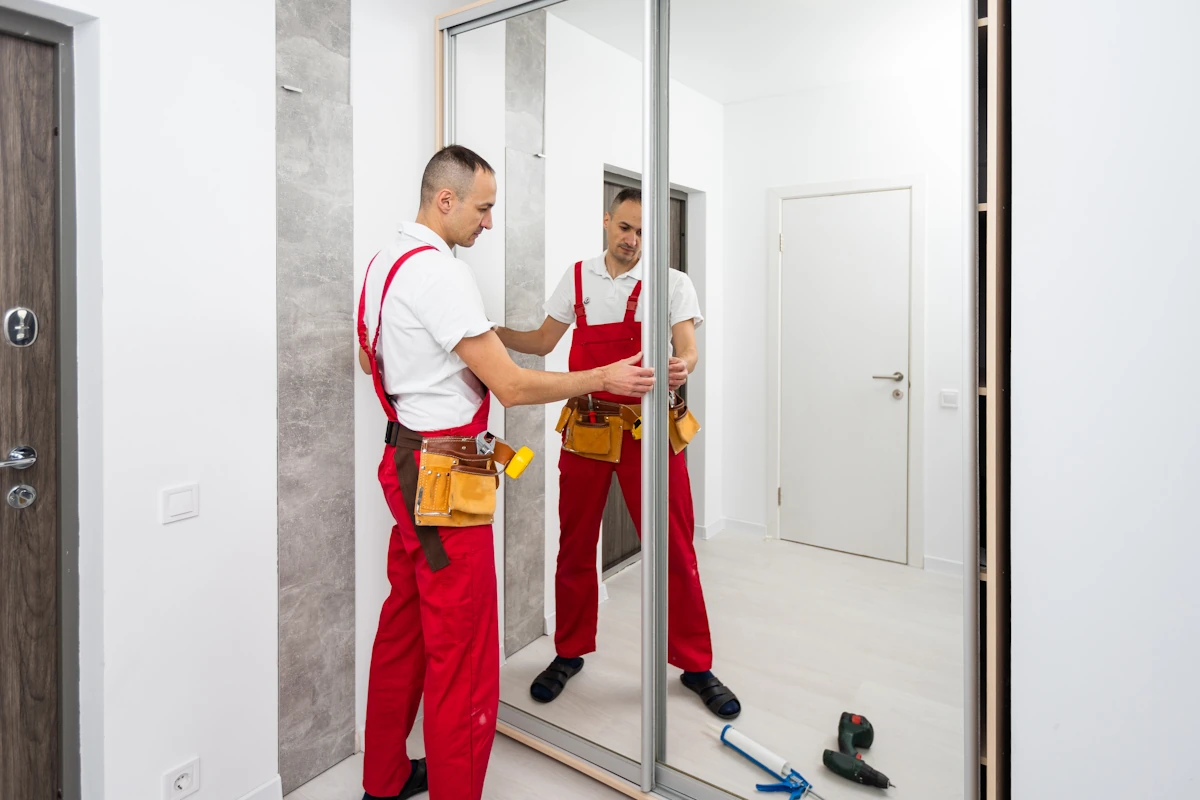 Un homme qui répare porte coulissante de placard